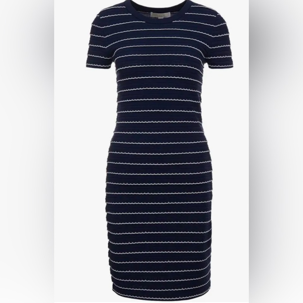 Michael Kors Sheath Dress Navy Blue with white Scalloped design stripes